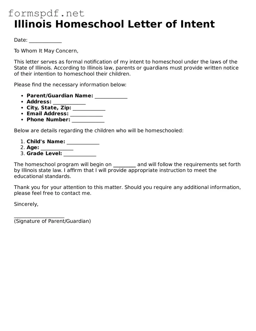 Free  Homeschool Letter of Intent Form for Illinois