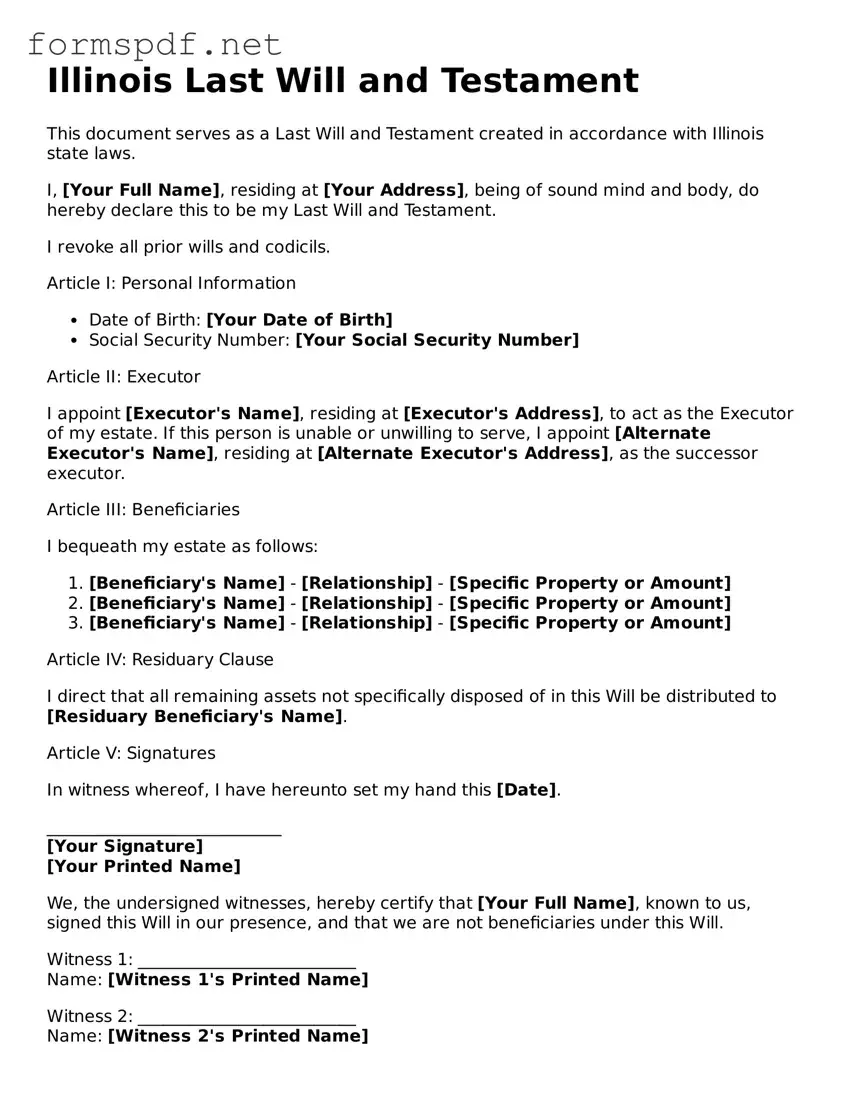Free  Last Will and Testament Form for Illinois
