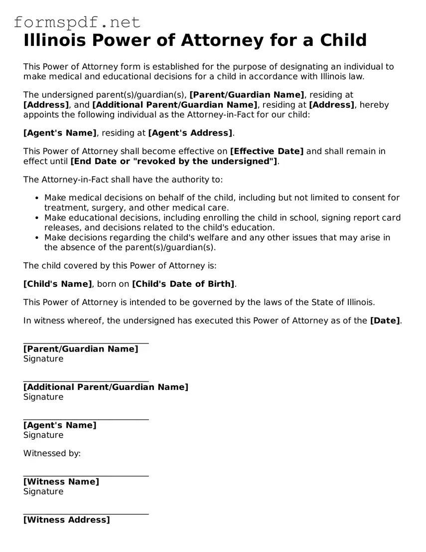 Free  Power of Attorney for a Child Form for Illinois