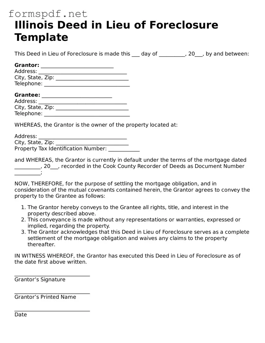 Free  Deed in Lieu of Foreclosure Form for Illinois