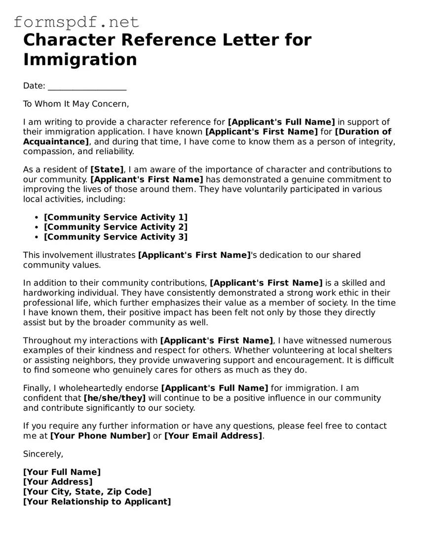 Fillable Character Reference Letter for Immigration Form