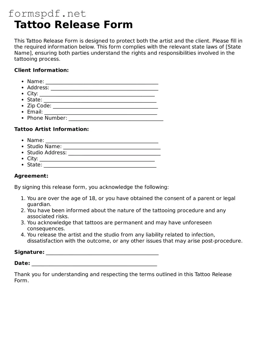 Fillable Tattoo Release Form