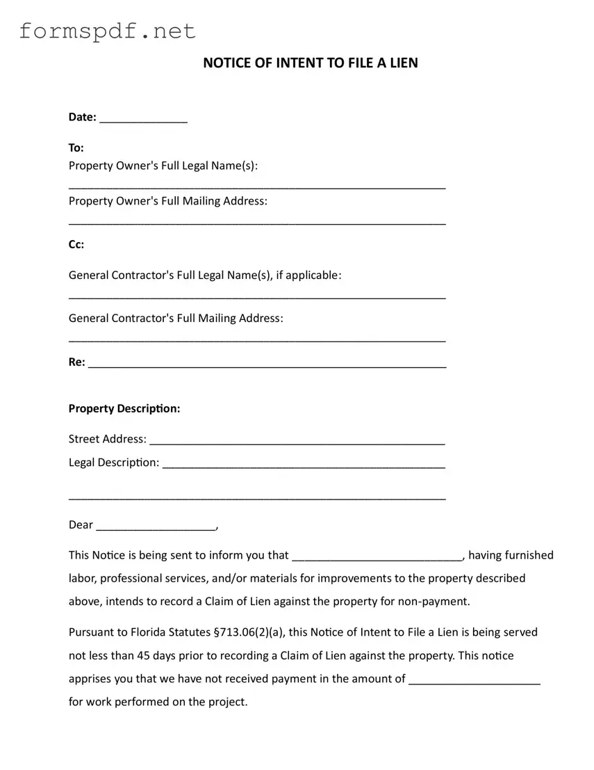 Free Intent To Lien Florida PDF Form