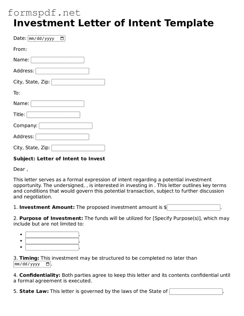 Fillable Investment Letter of Intent Form