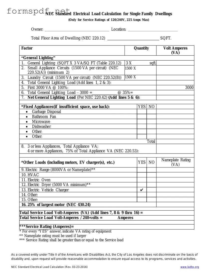 Free LADBS NEC Standard Electrical Load Calculation PDF Form