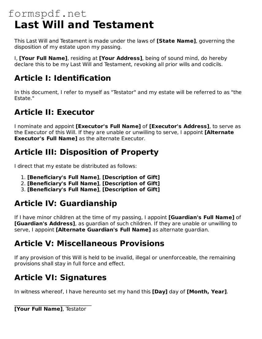 Fillable Last Will and Testament Form