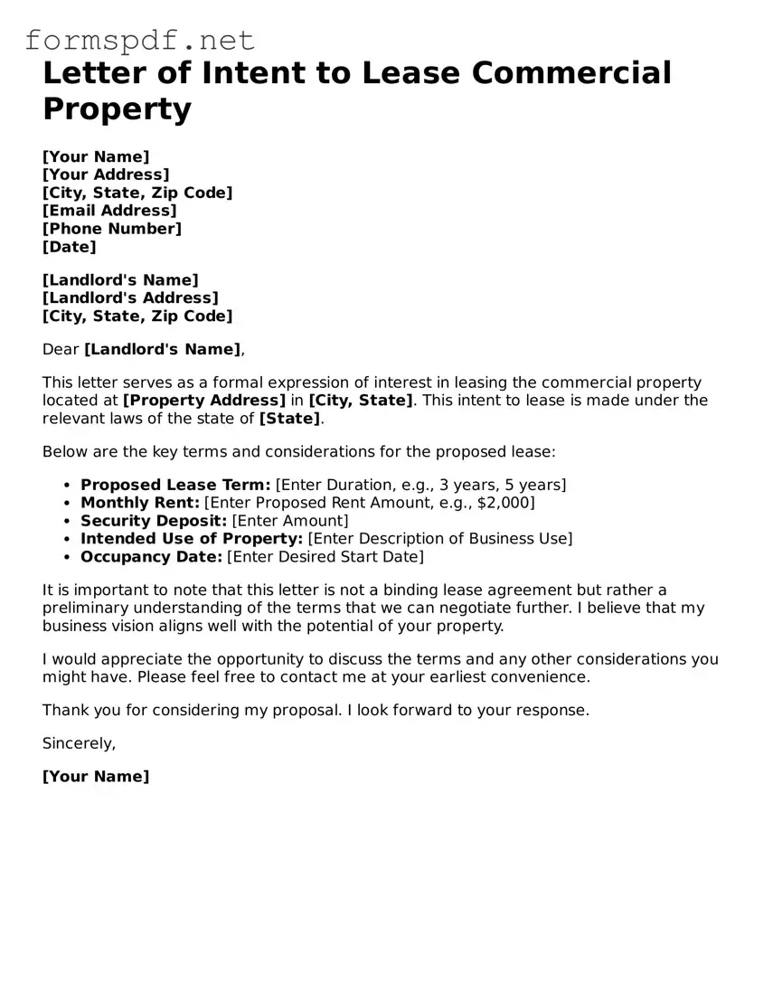 Fillable Letter of Intent to Lease Commercial Property Form