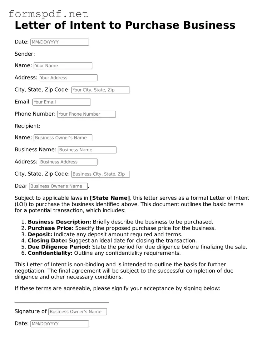 Fillable Letter of Intent to Purchase Business Form