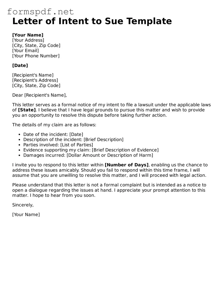 Fillable Letter of Intent to Sue Form