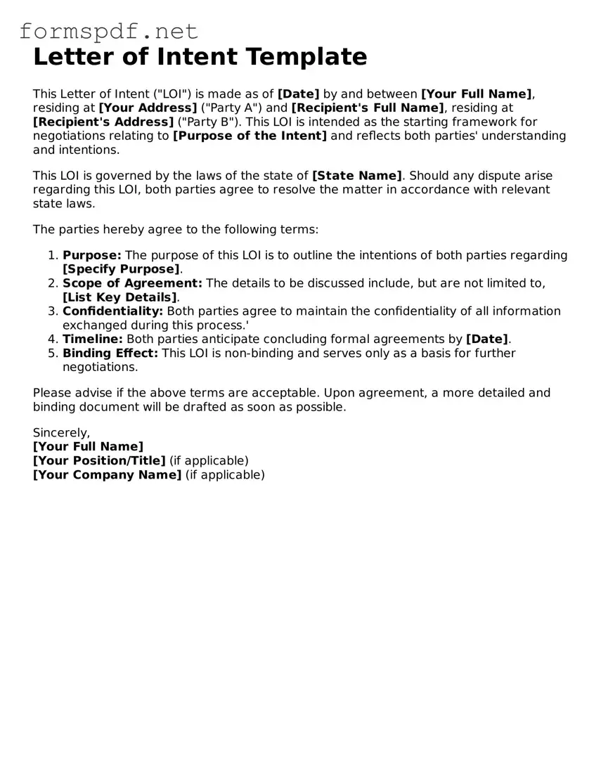 Fillable Letter of Intent Form