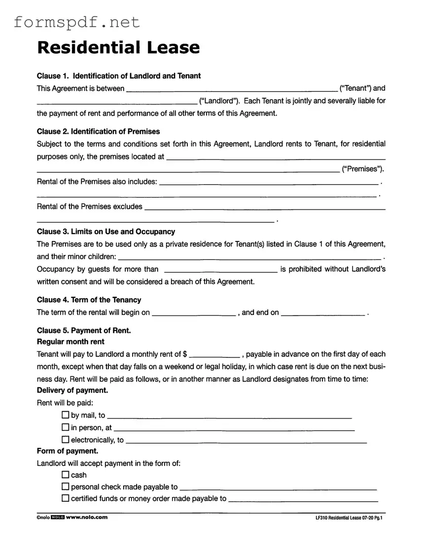 Free Lf310 Residential Lease PDF Form