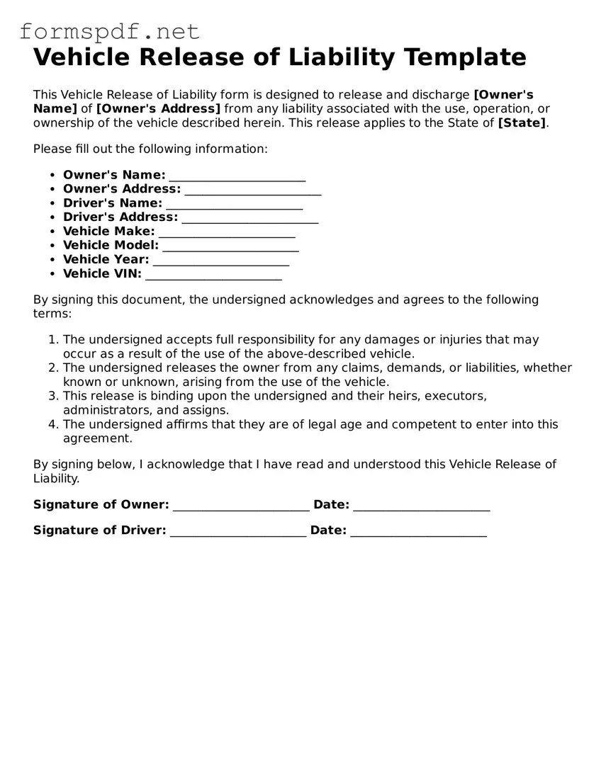 Fillable Vehicle Release of Liability Form