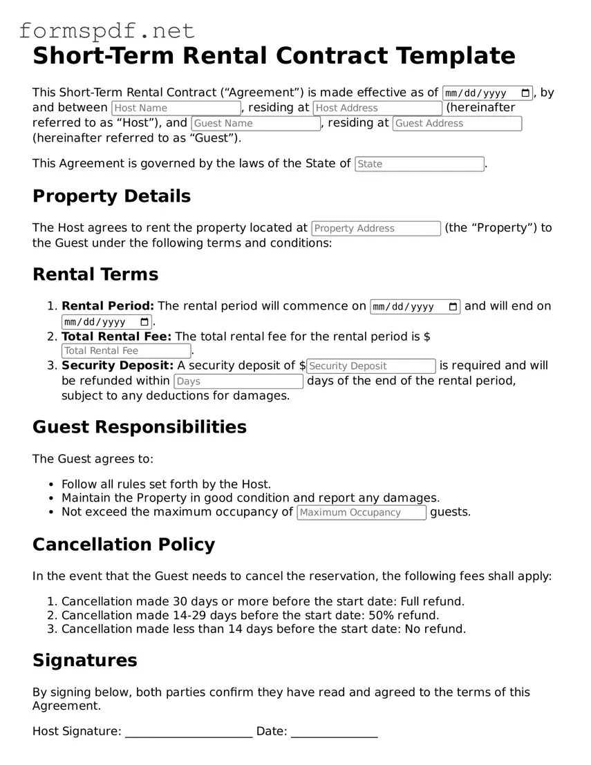 Fillable Short-Term Rental Contract Form