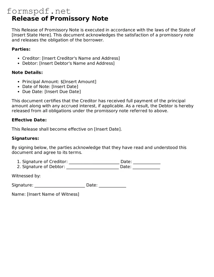 Fillable Release of Promissory Note Form