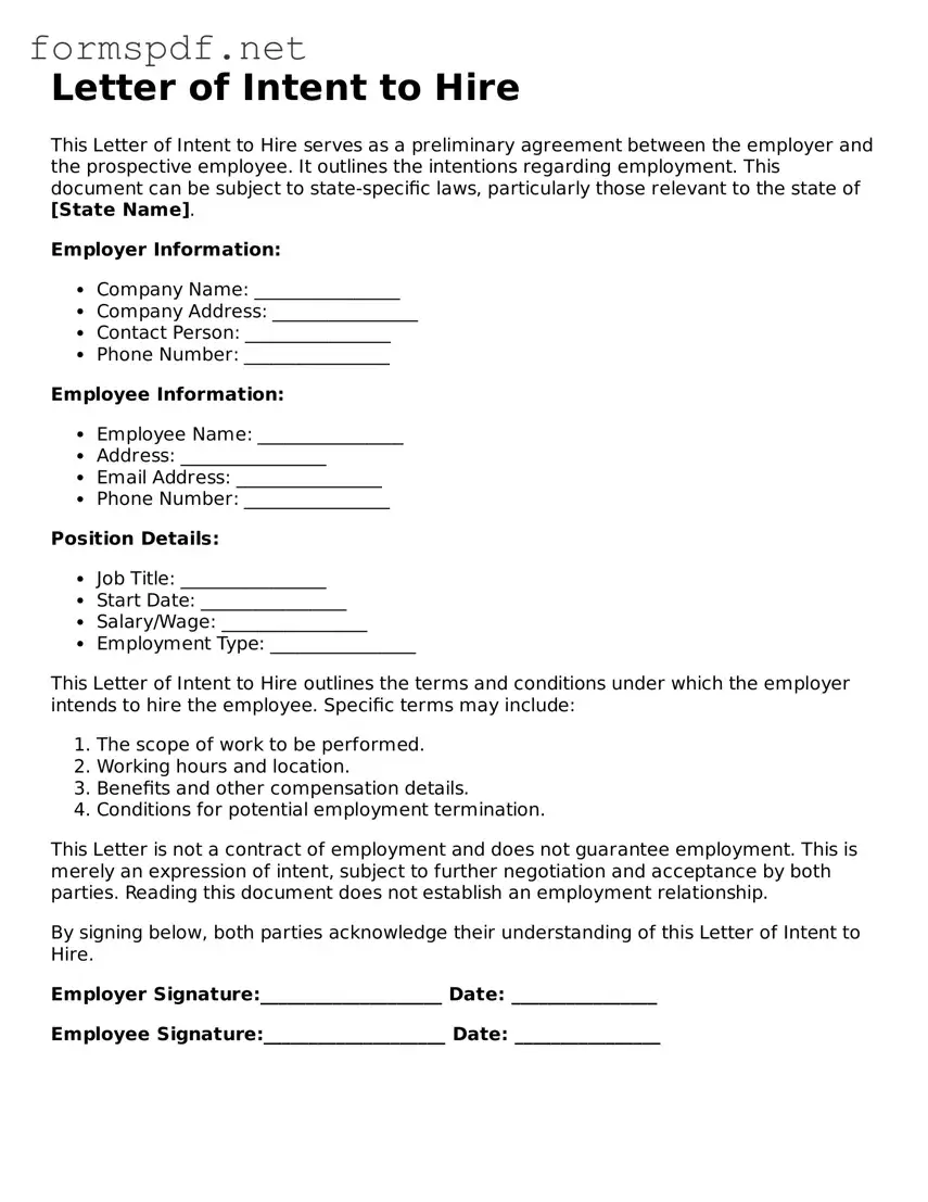 Fillable Letter of Intent to Hire Form