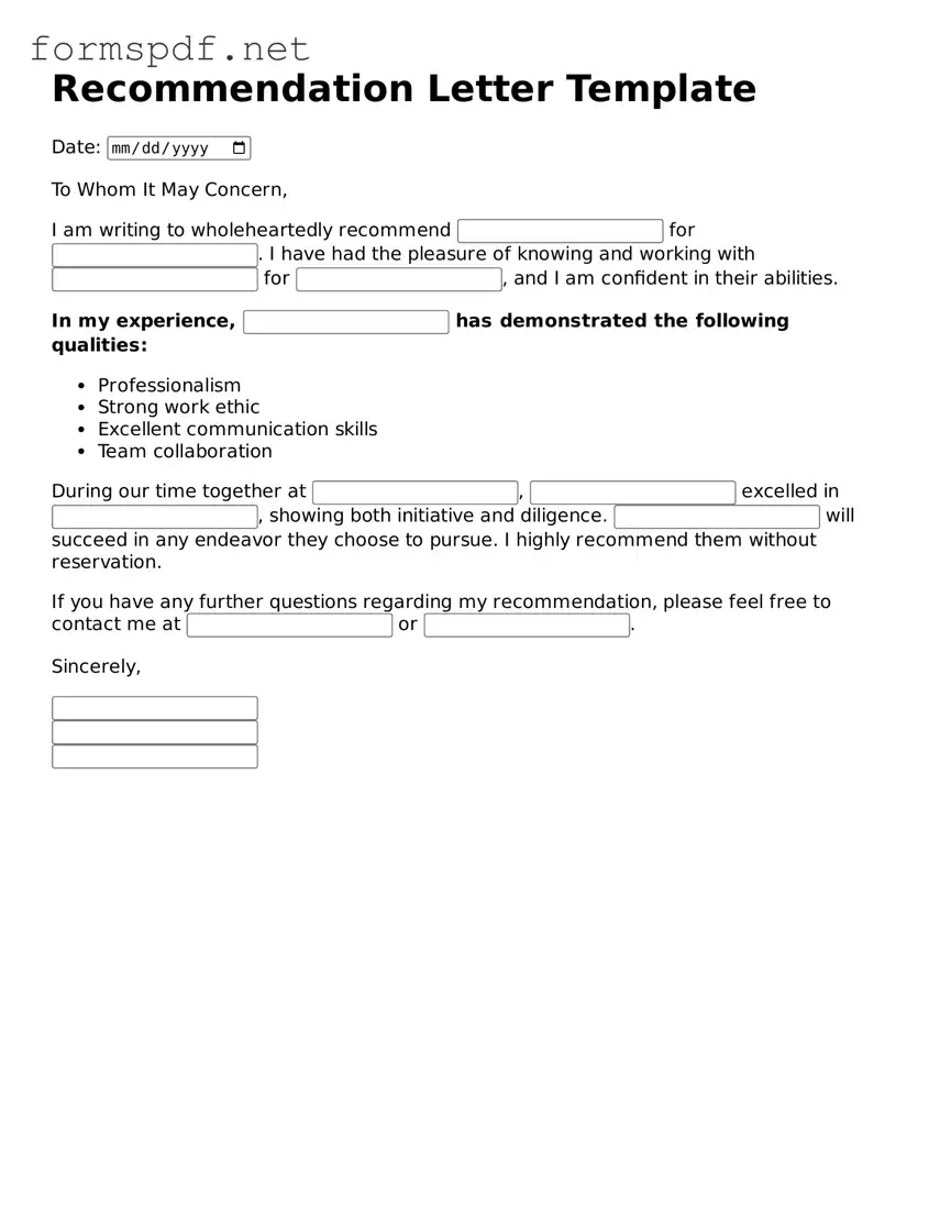 Fillable Recommendation Letter Form