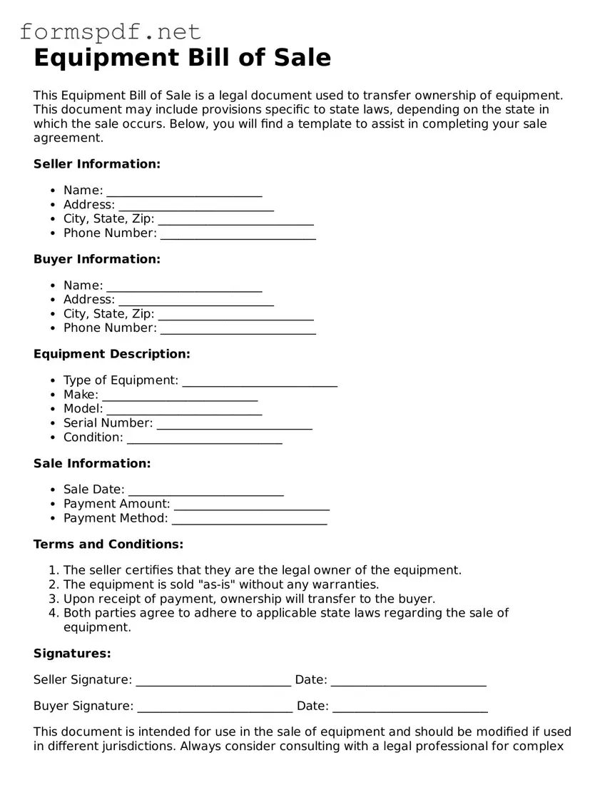 Fillable Equipment Bill of Sale Form