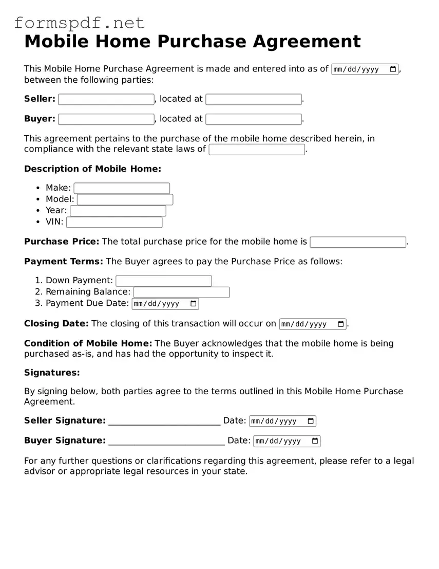 Fillable Mobile Home Purchase Agreement Form
