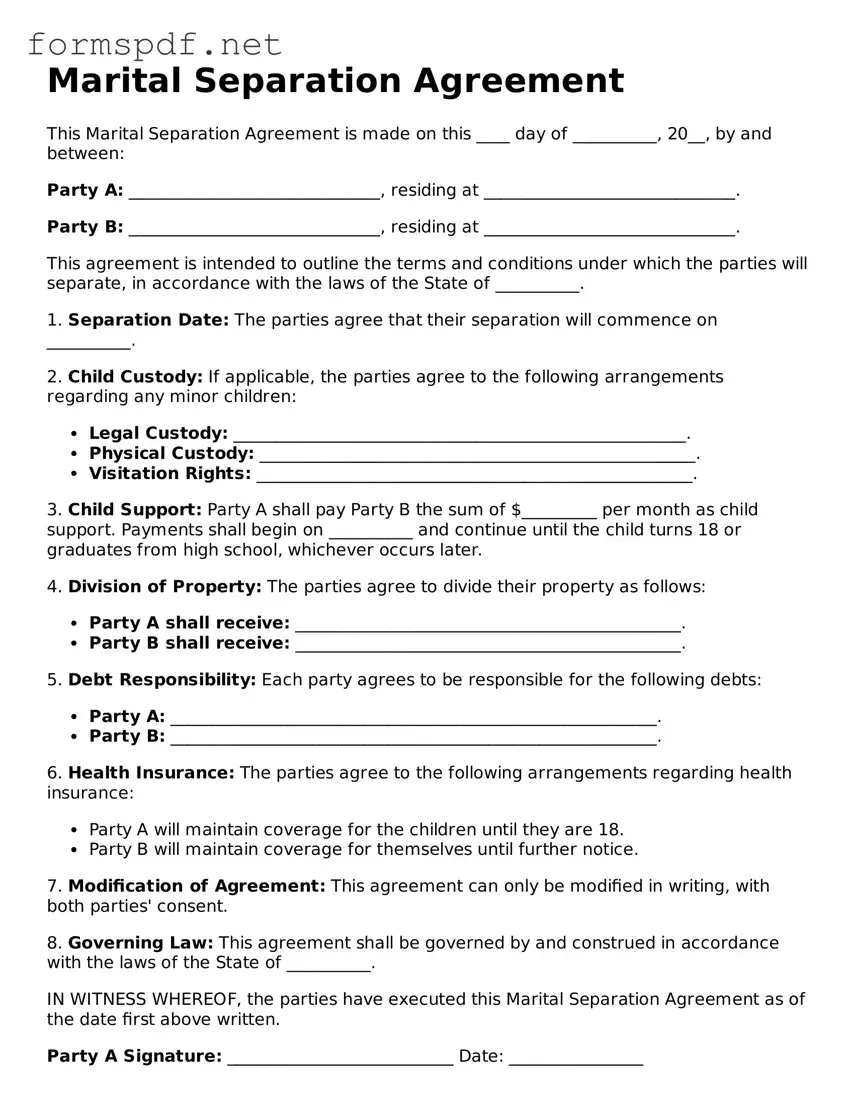 Fillable Marital Separation Agreement Form