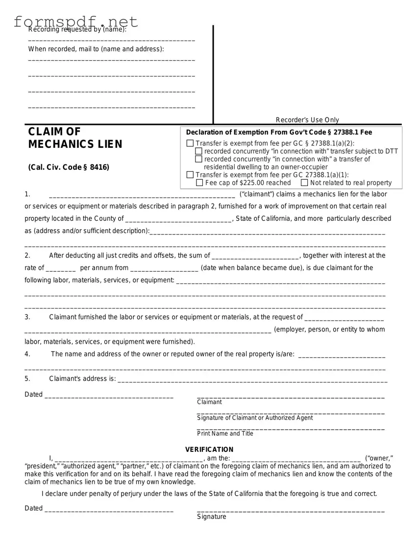 Free Mechanics Lien California PDF Form