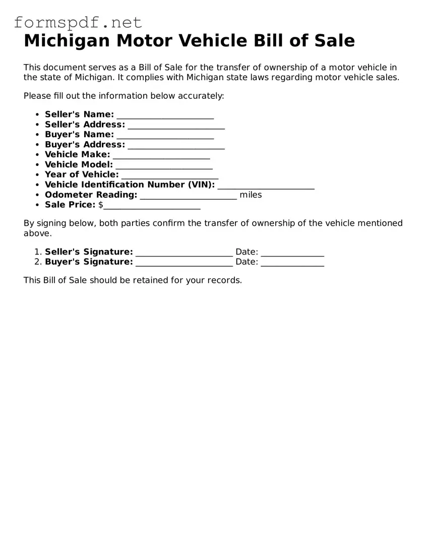 Free Motor Vehicle Bill of Sale Form for Michigan