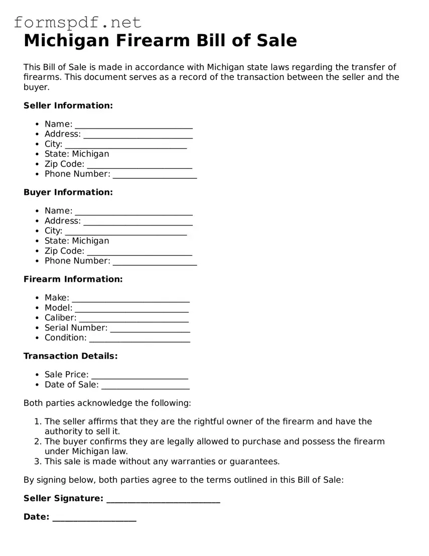Free  Firearm Bill of Sale Form for Michigan