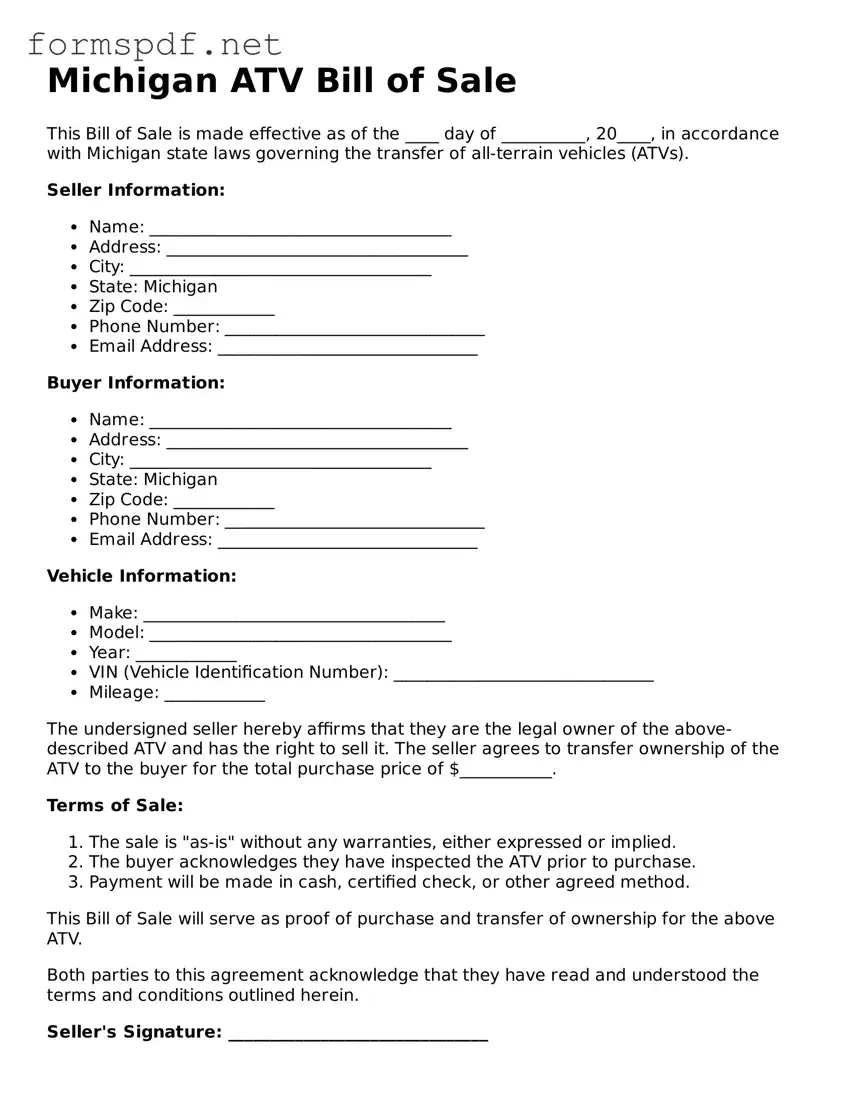 Free  ATV Bill of Sale Form for Michigan