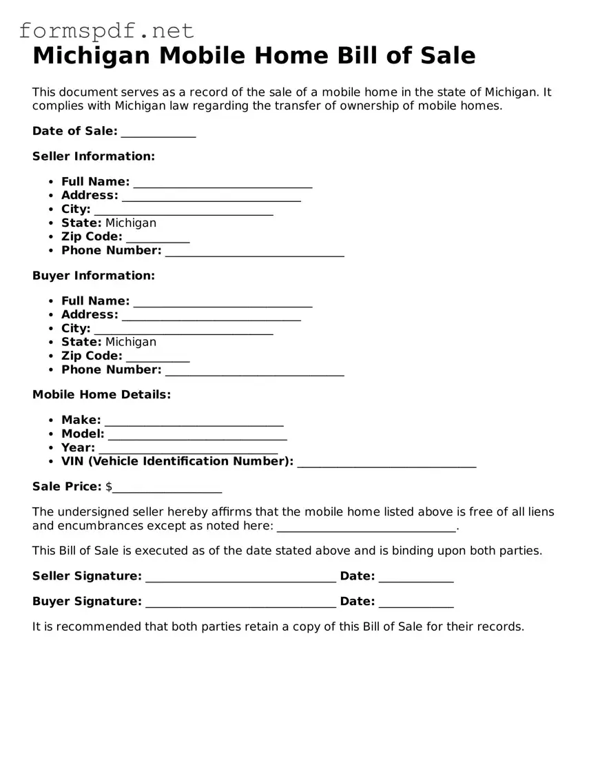 Free  Mobile Home Bill of Sale Form for Michigan