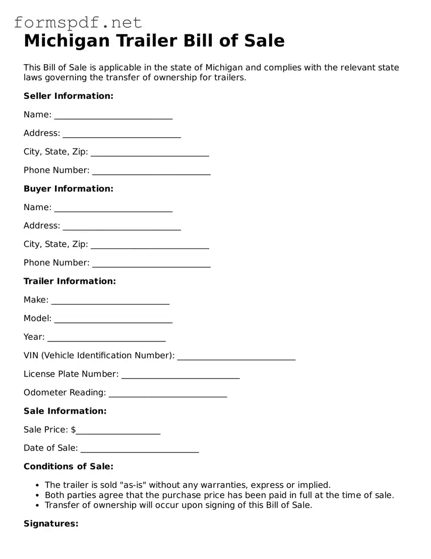 Free  Trailer Bill of Sale Form for Michigan