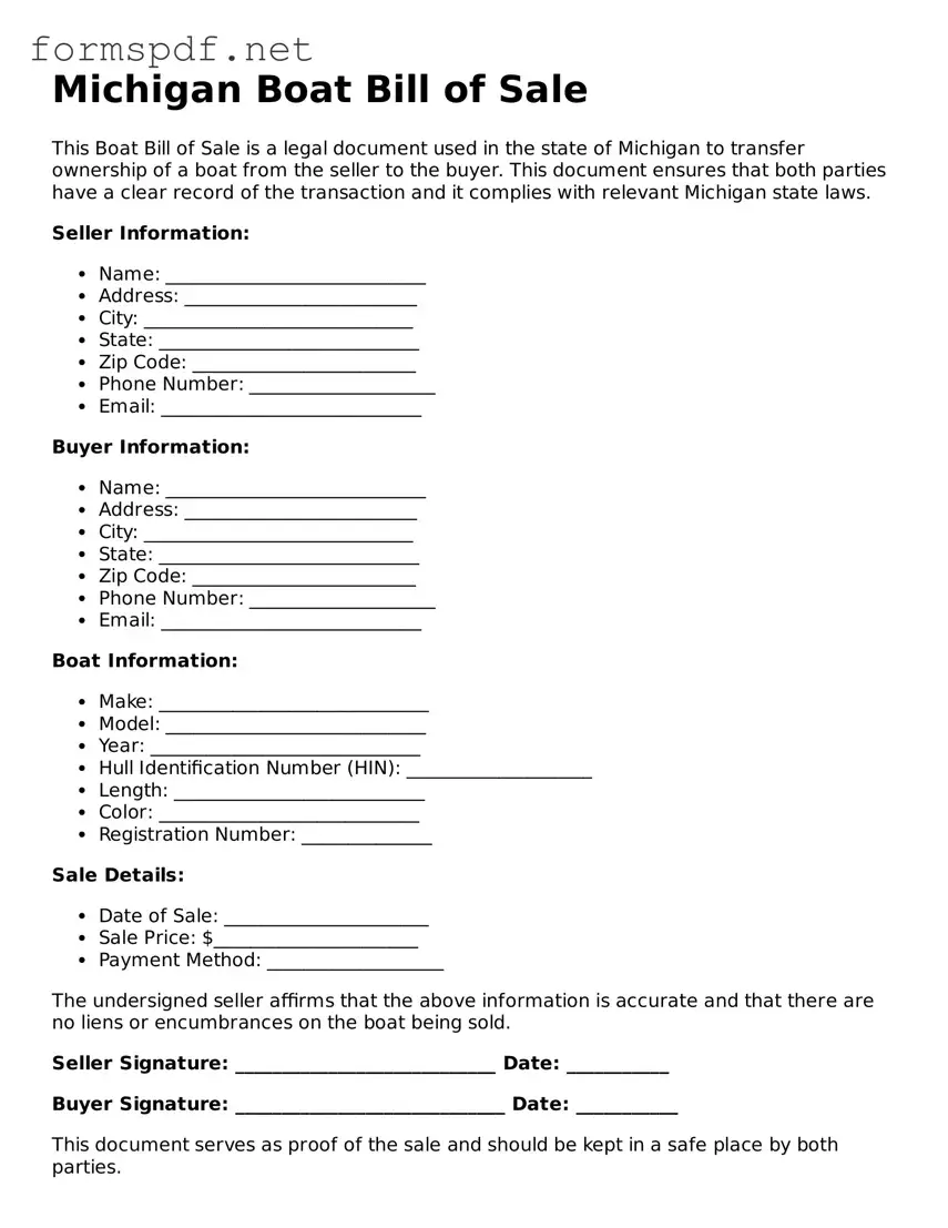 Free  Boat Bill of Sale Form for Michigan