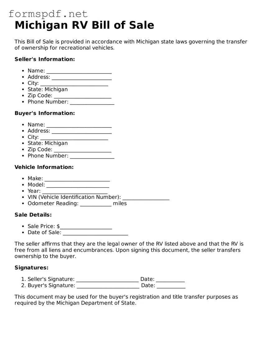 Free  RV Bill of Sale Form for Michigan