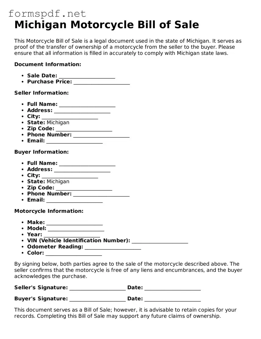 Free  Motorcycle Bill of Sale Form for Michigan