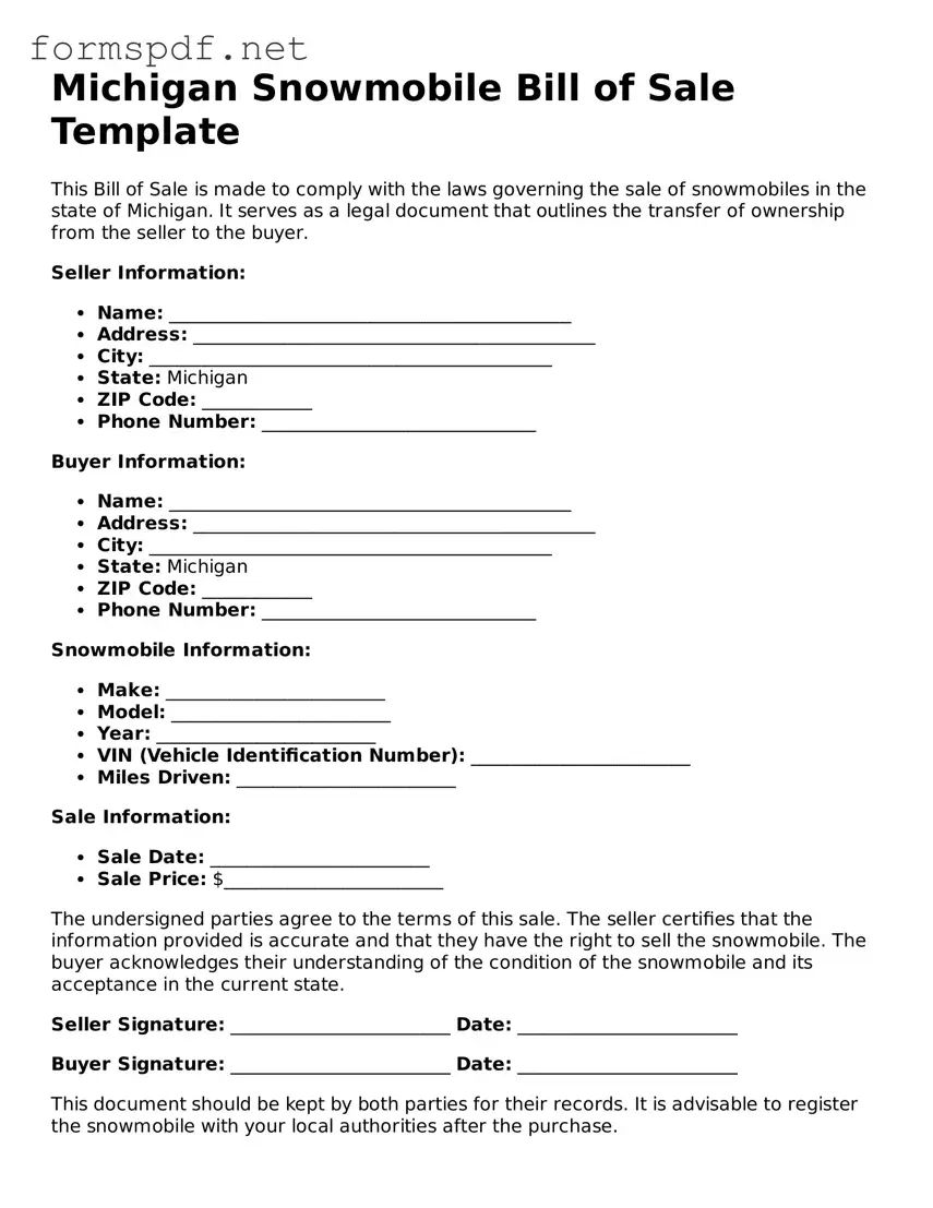 Free  Snowmobile Bill of Sale Form for Michigan