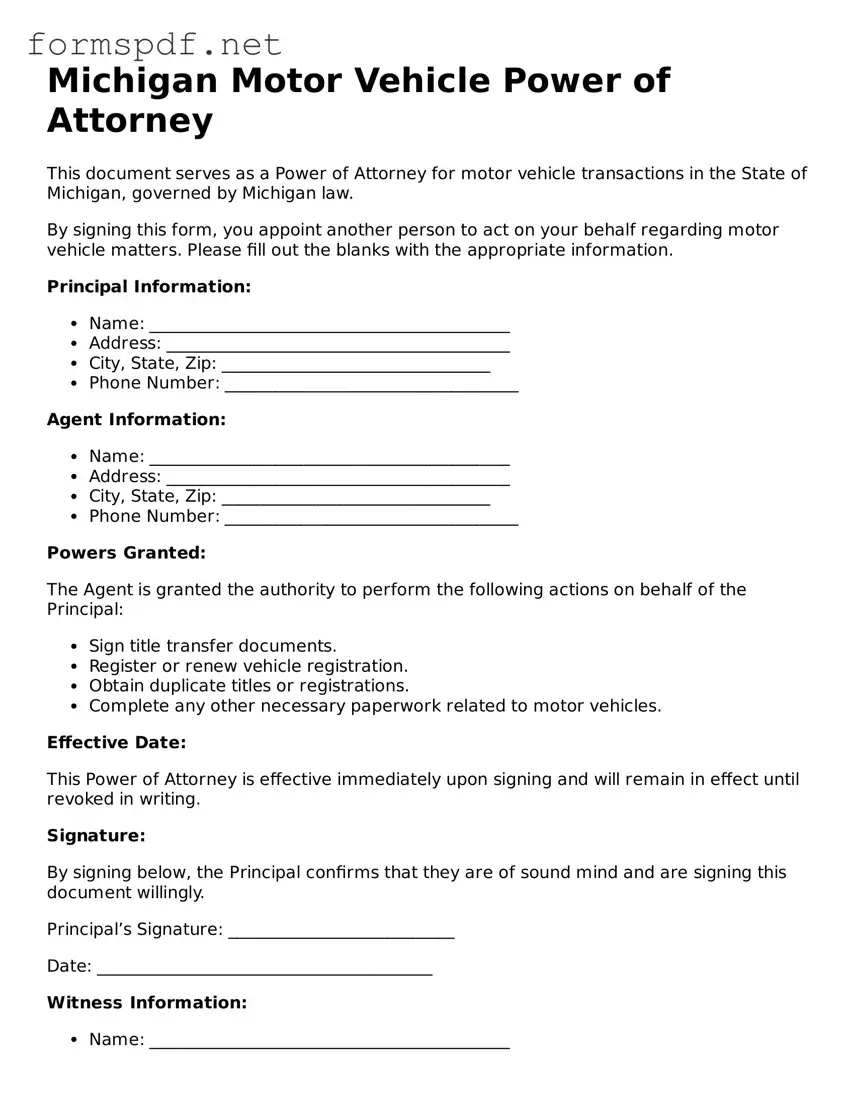 Free  Motor Vehicle Power of Attorney Form for Michigan
