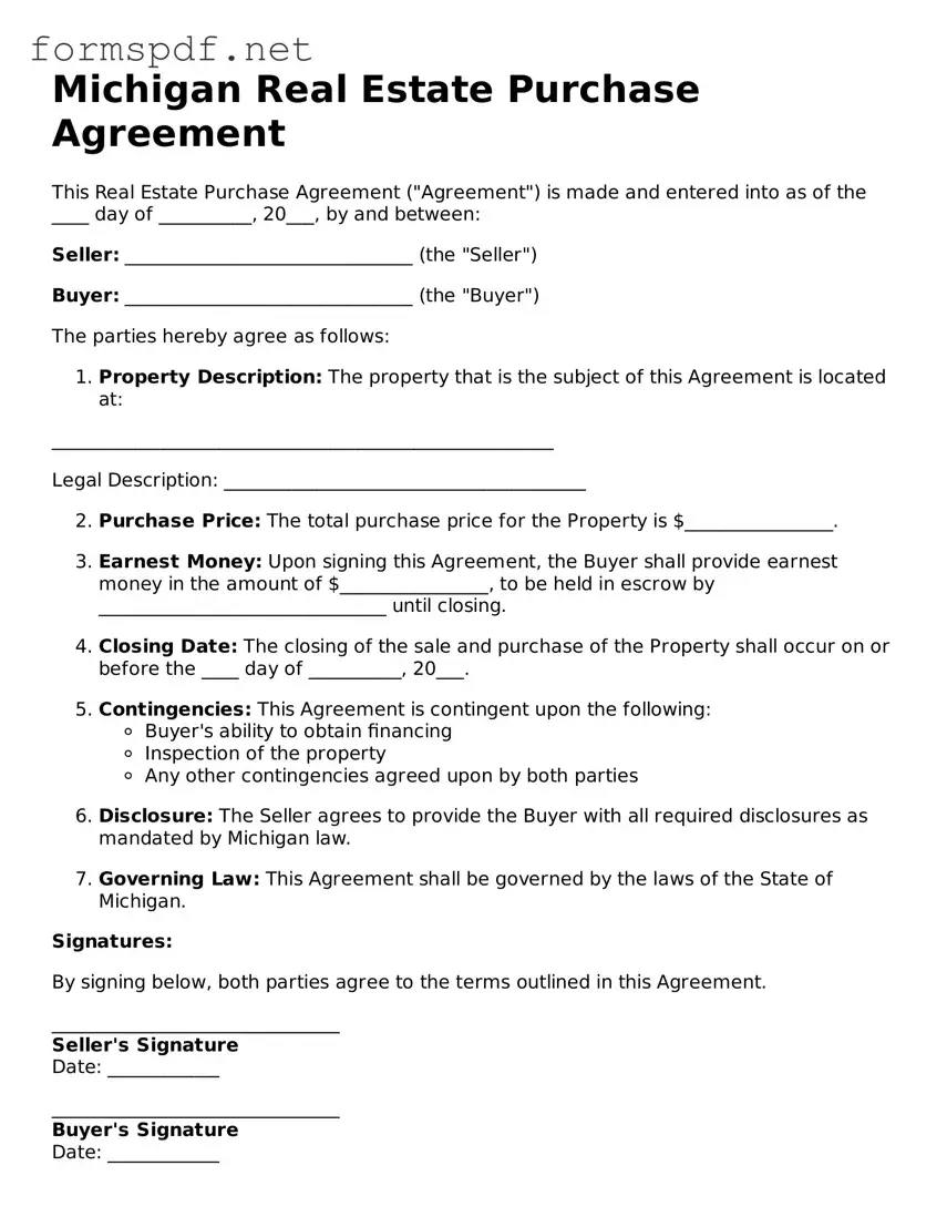 Free  Real Estate Purchase Agreement Form for Michigan