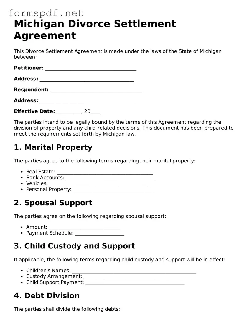 Free  Divorce Settlement Agreement Form for Michigan