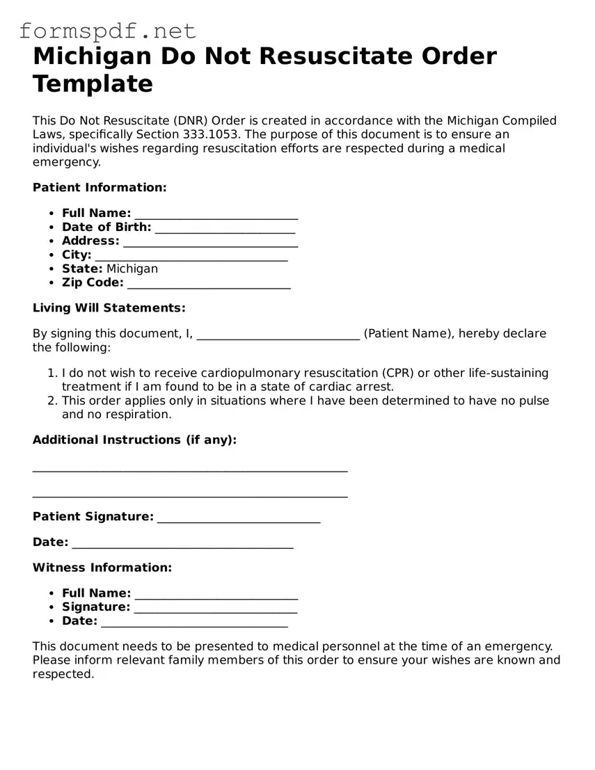 Free  Do Not Resuscitate Order Form for Michigan