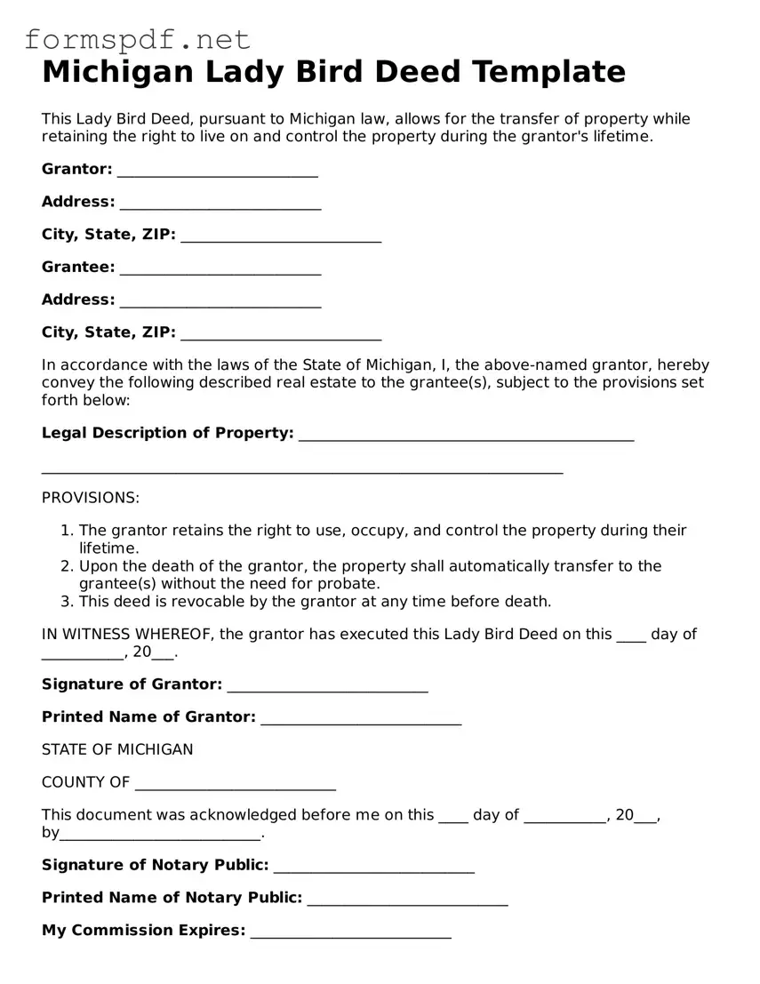 Free  Lady Bird Deed Form for Michigan