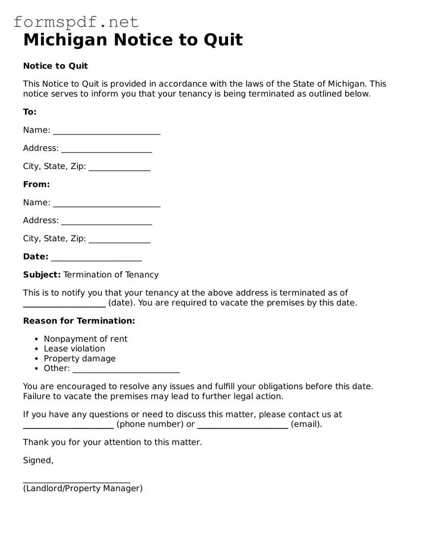 Free  Notice to Quit Form for Michigan