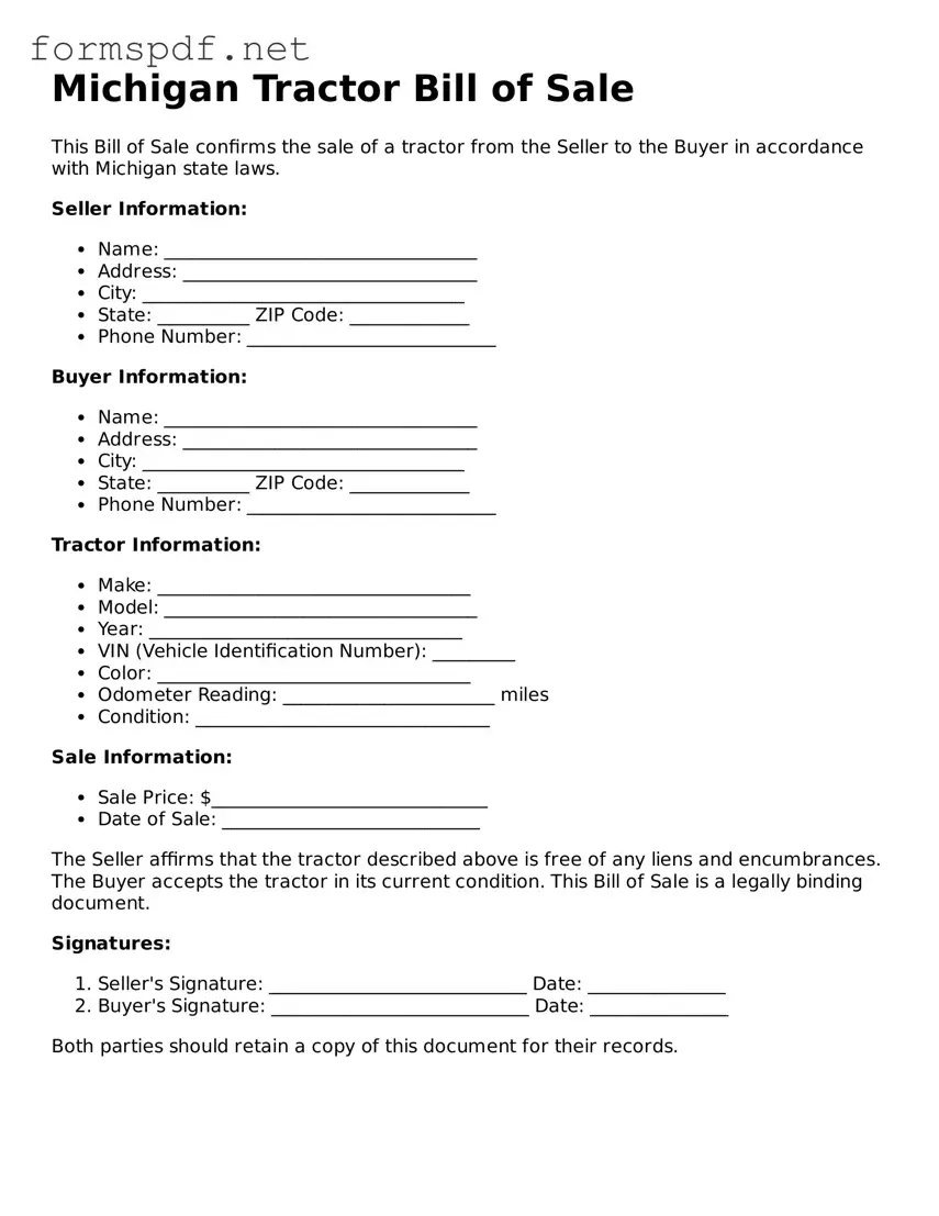 Free  Tractor Bill of Sale Form for Michigan