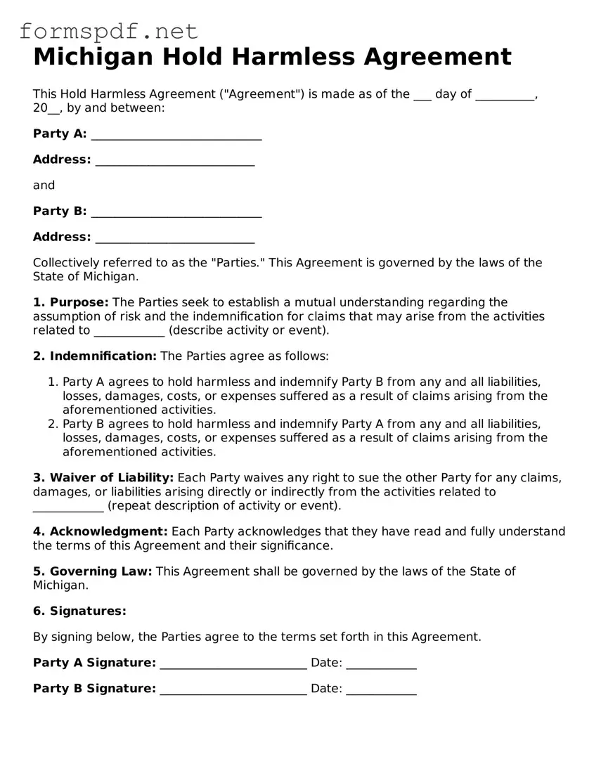 Free  Hold Harmless Agreement Form for Michigan