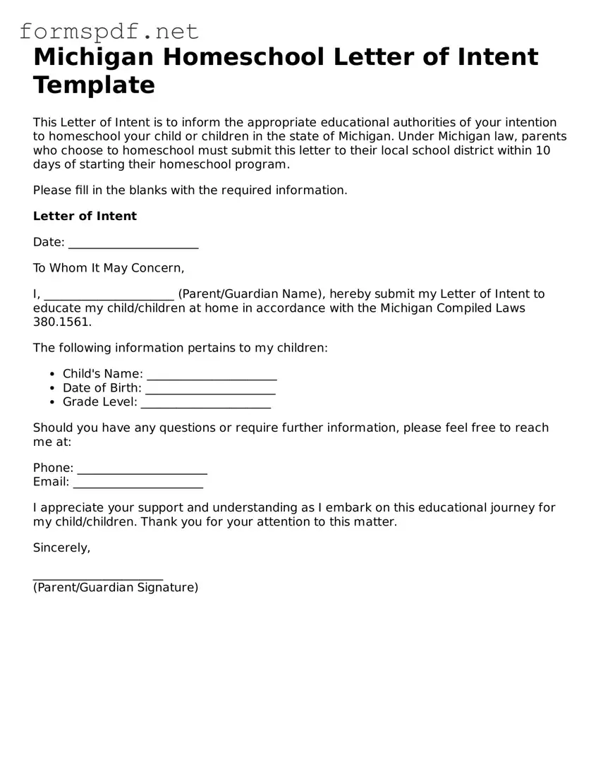 Free  Homeschool Letter of Intent Form for Michigan
