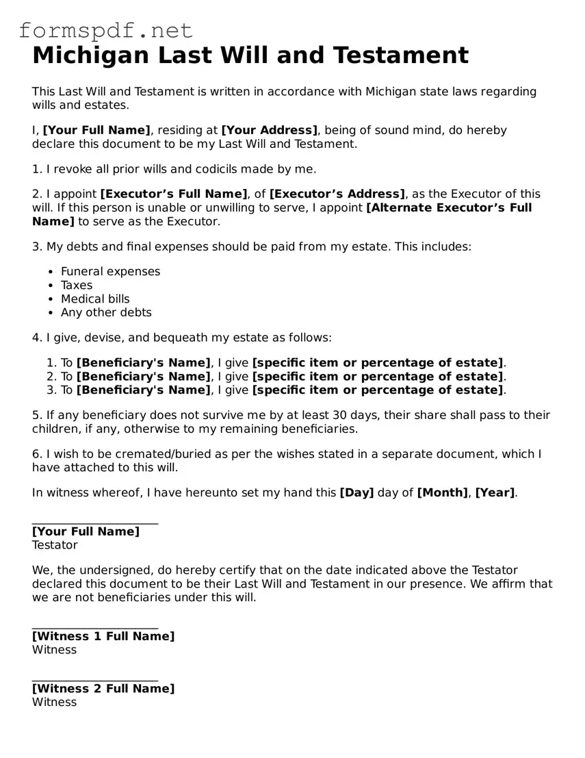Free  Last Will and Testament Form for Michigan