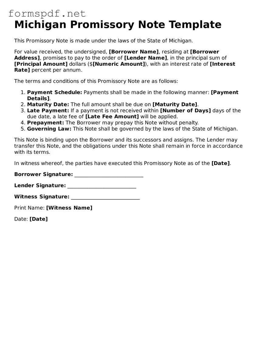 Free  Promissory Note Form for Michigan