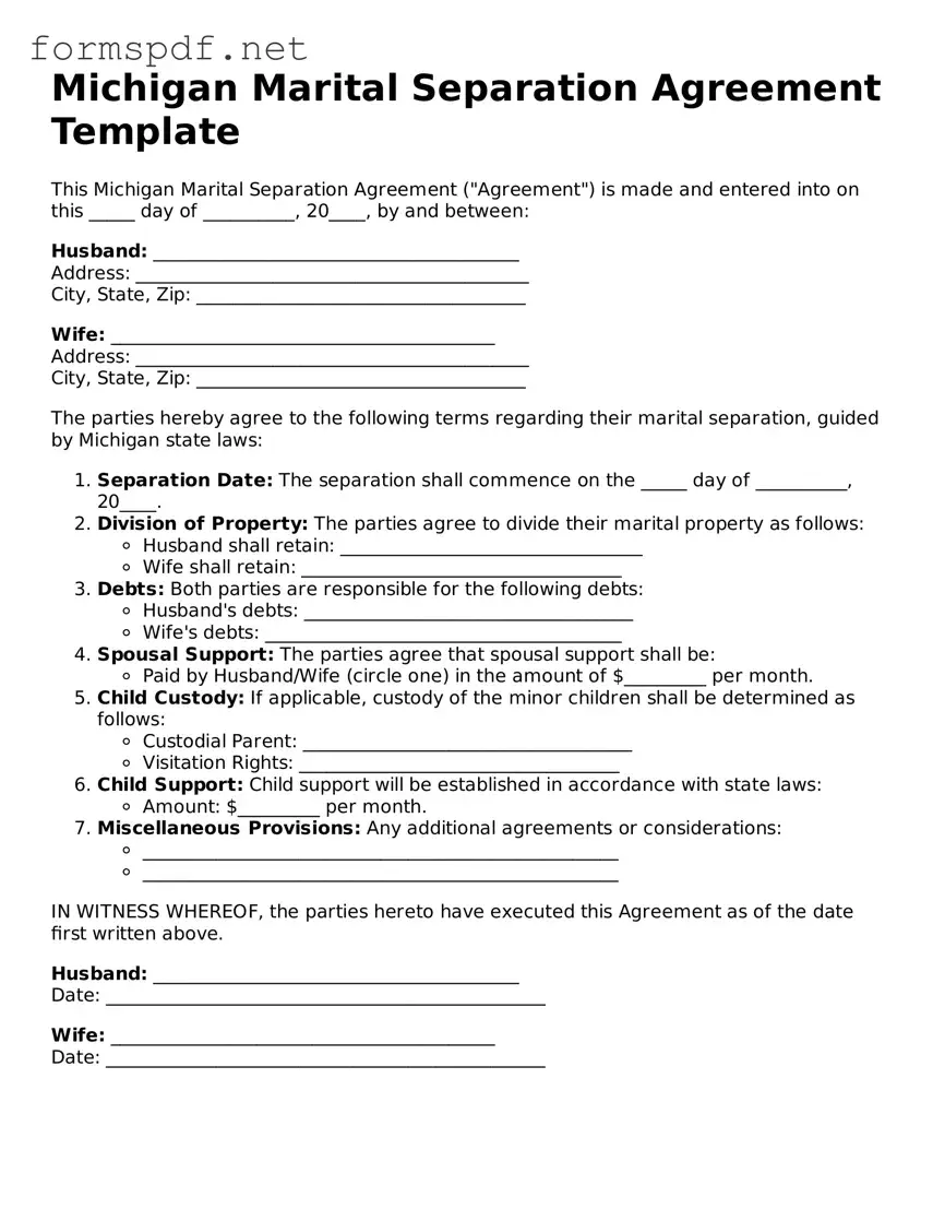 Free  Marital Separation Agreement Form for Michigan