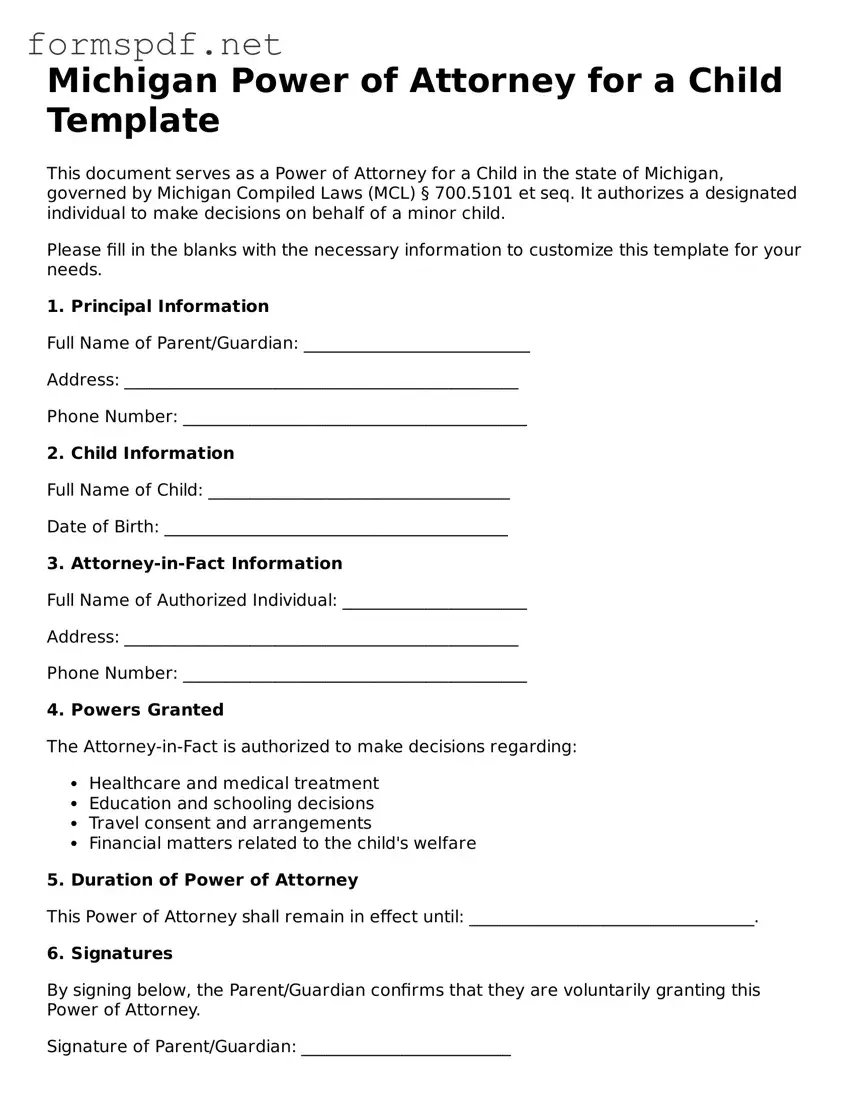 Free  Power of Attorney for a Child Form for Michigan