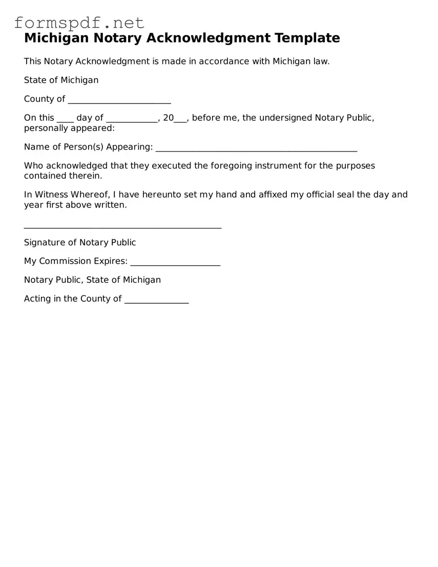 Free Notary Acknowledgement Form for Michigan