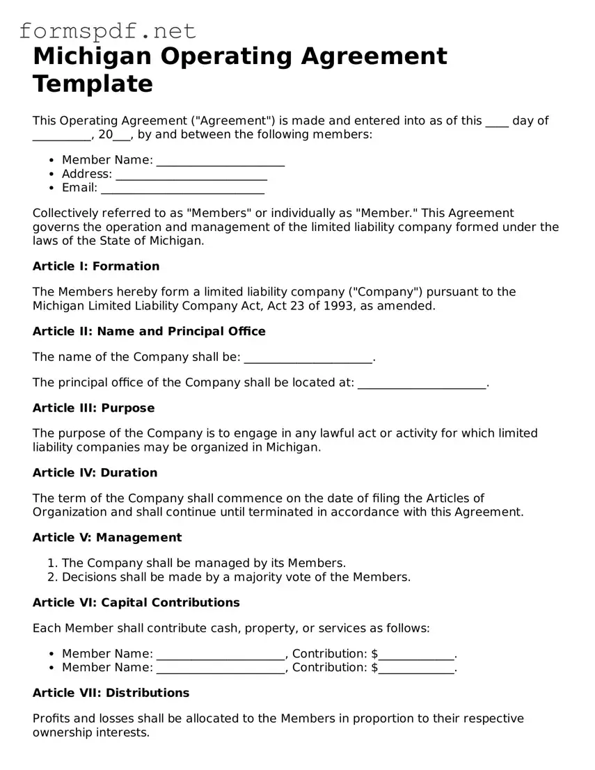 Free  Operating Agreement Form for Michigan