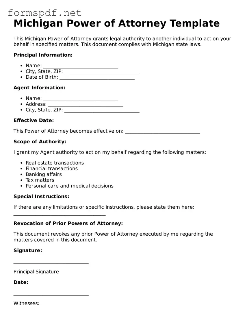 Free  Power of Attorney Form for Michigan