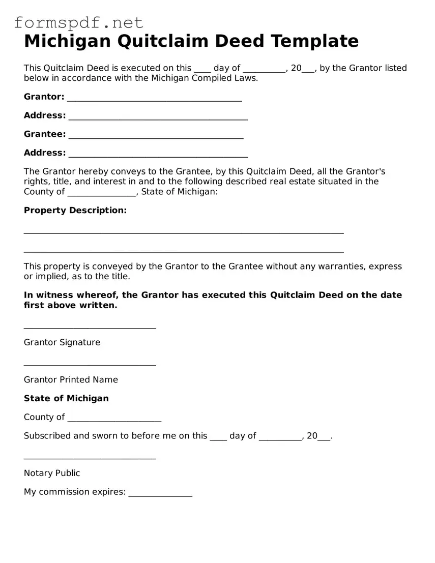 Free  Quitclaim Deed Form for Michigan